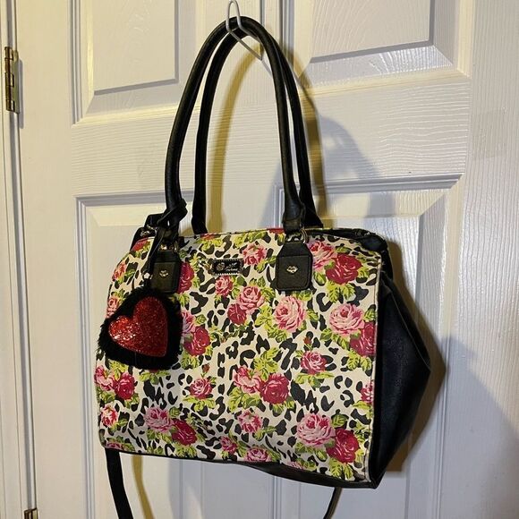 Betsey Johnson floral red roses & cheetah print shoulder bag black trim & straps - Picture 1 of 12